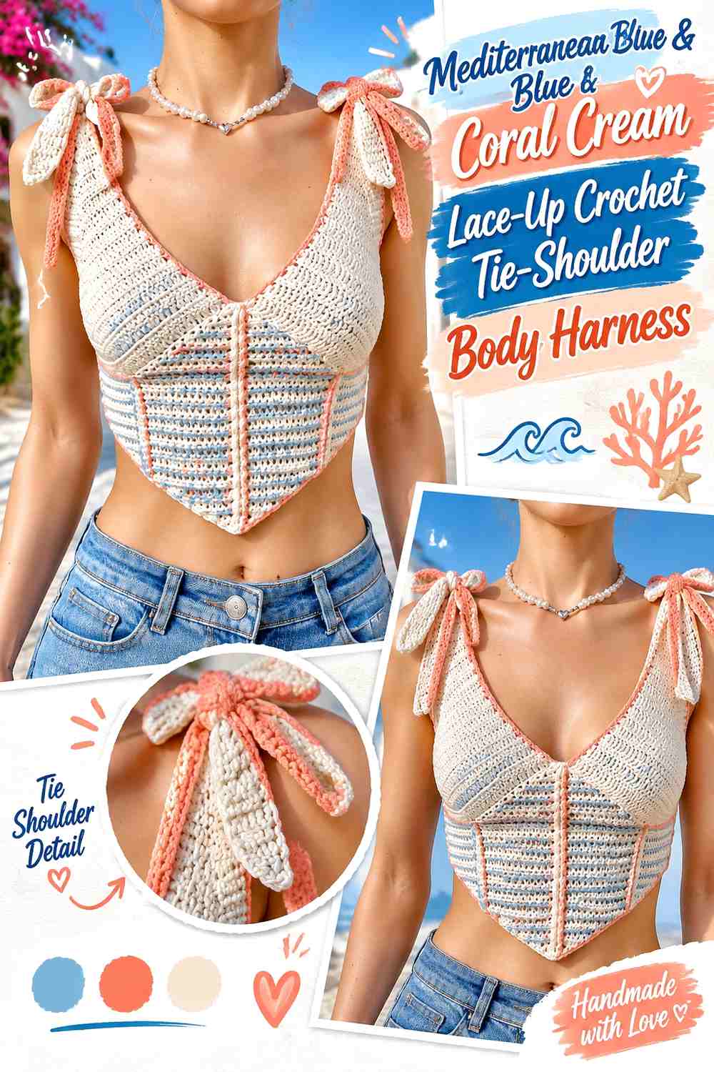 Mediterranean Blue & Coral Cream Lace-Up Crochet Tie-Shoulder Body Harness