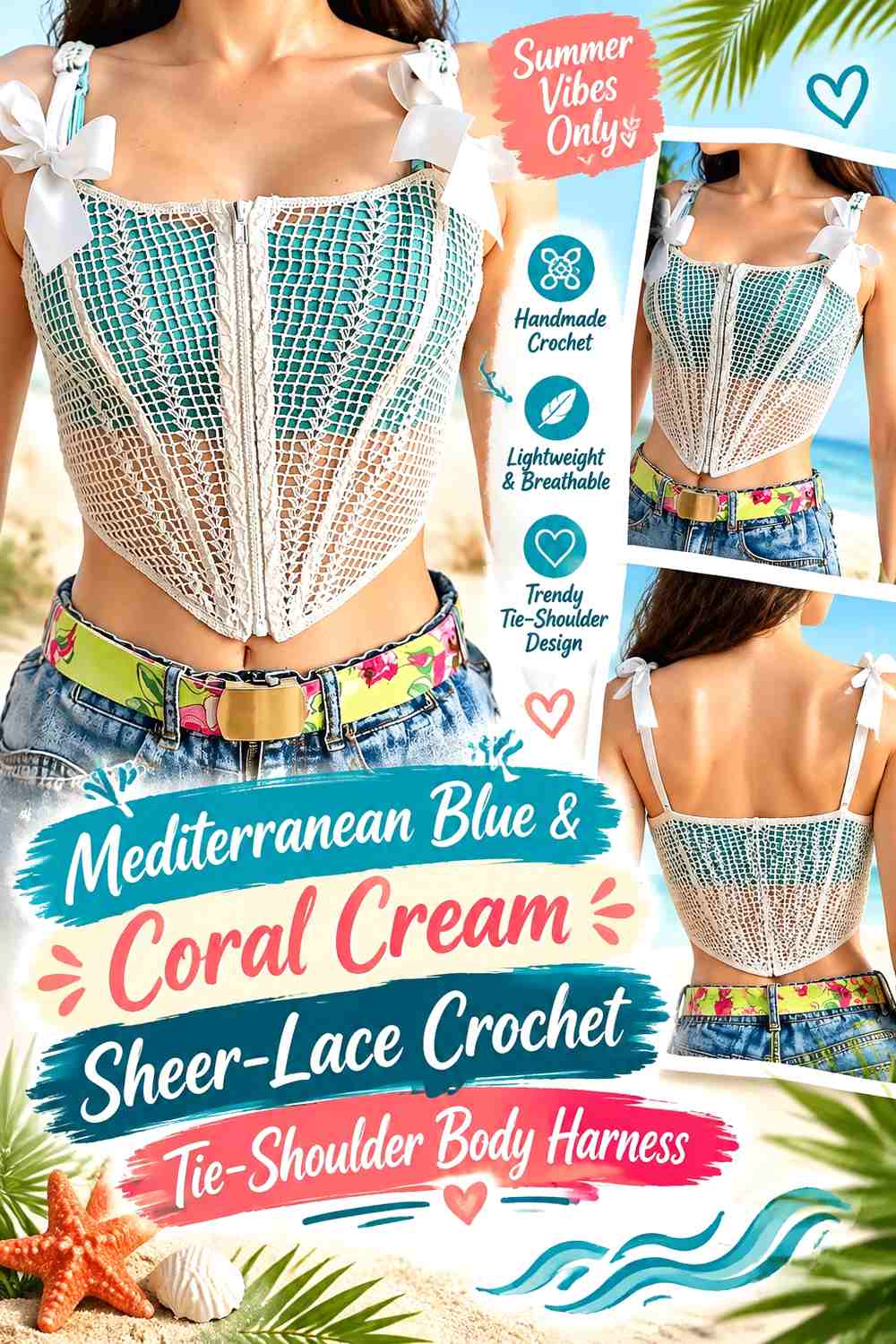 Mediterranean Blue & Coral Cream Sheer-Lace Crochet Tie-Shoulder Body Harness