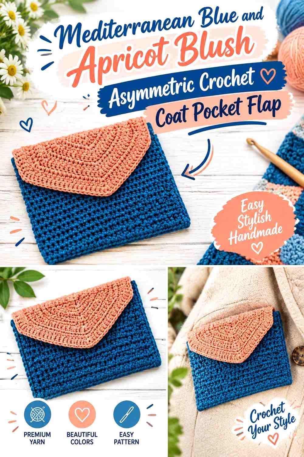 Mediterranean Blue and Apricot Blush Asymmetric Crochet Coat Pocket Flap