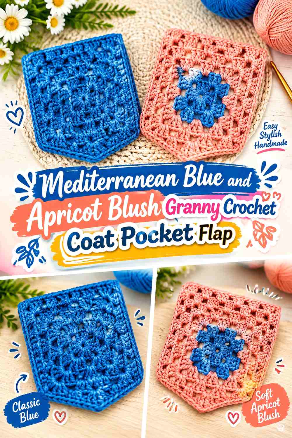 Mediterranean Blue and Apricot Blush Granny Crochet Coat Pocket Flap