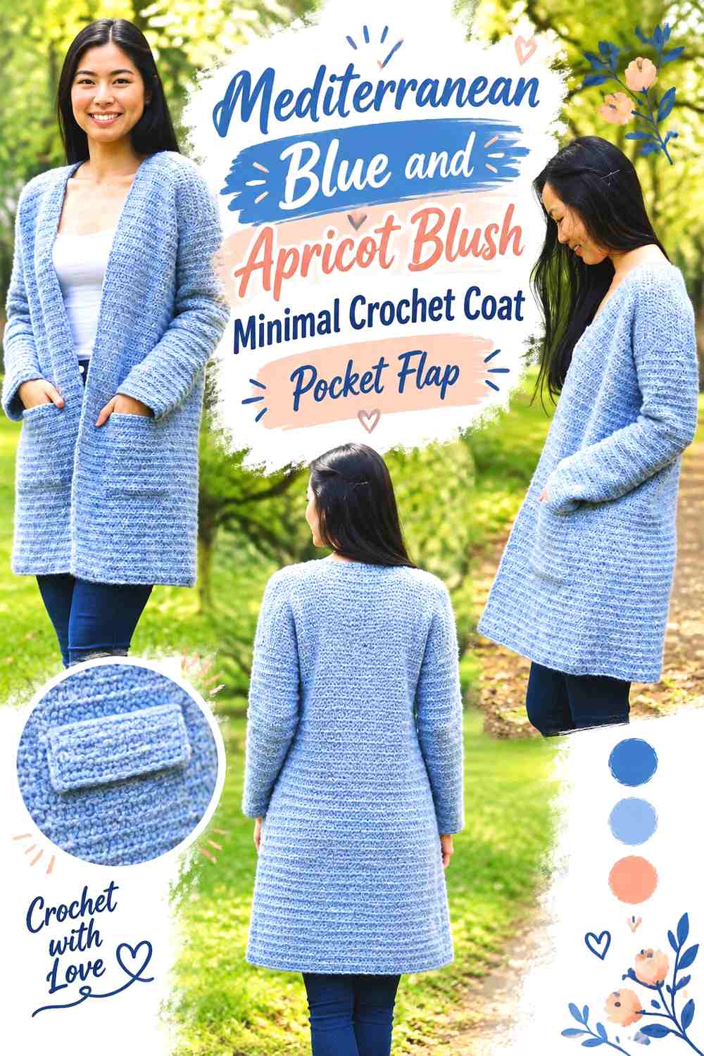 Mediterranean Blue and Apricot Blush Minimal Crochet Coat Pocket Flap