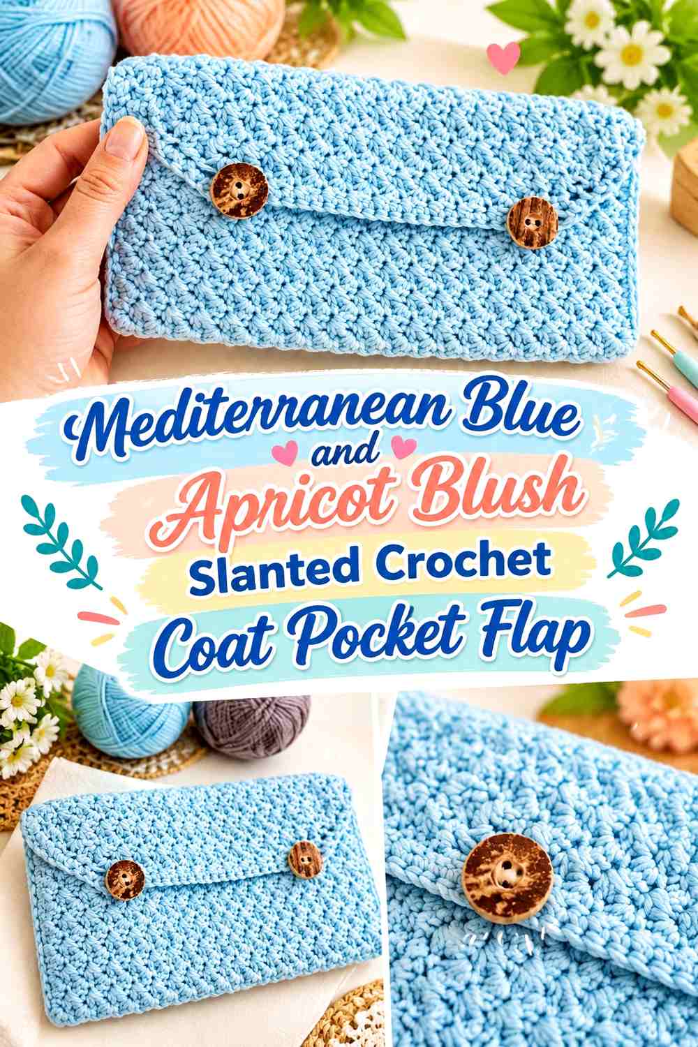 Mediterranean Blue and Apricot Blush Slanted Crochet Coat Pocket Flap
