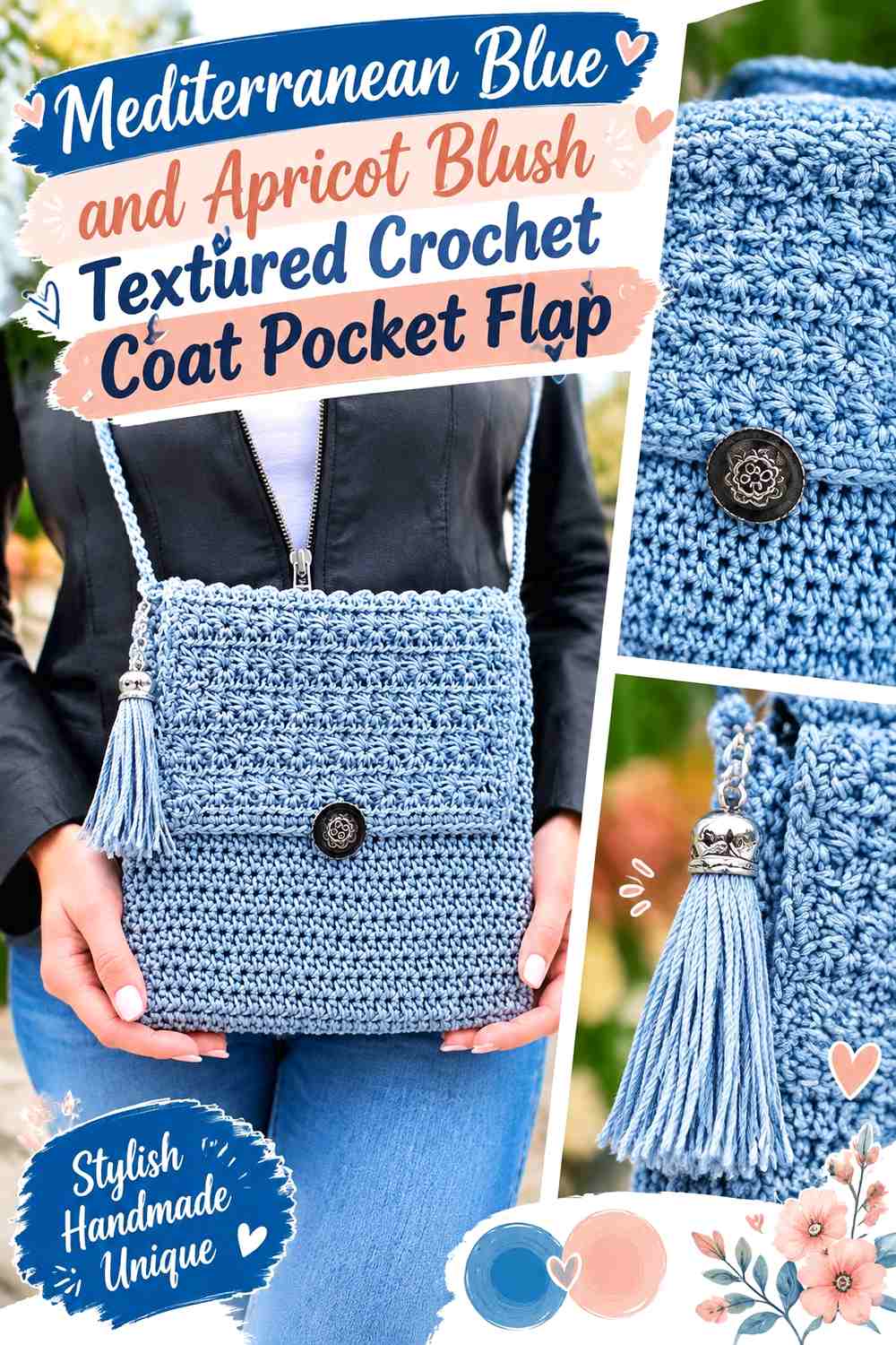 Mediterranean Blue and Apricot Blush Textured Crochet Coat Pocket Flap