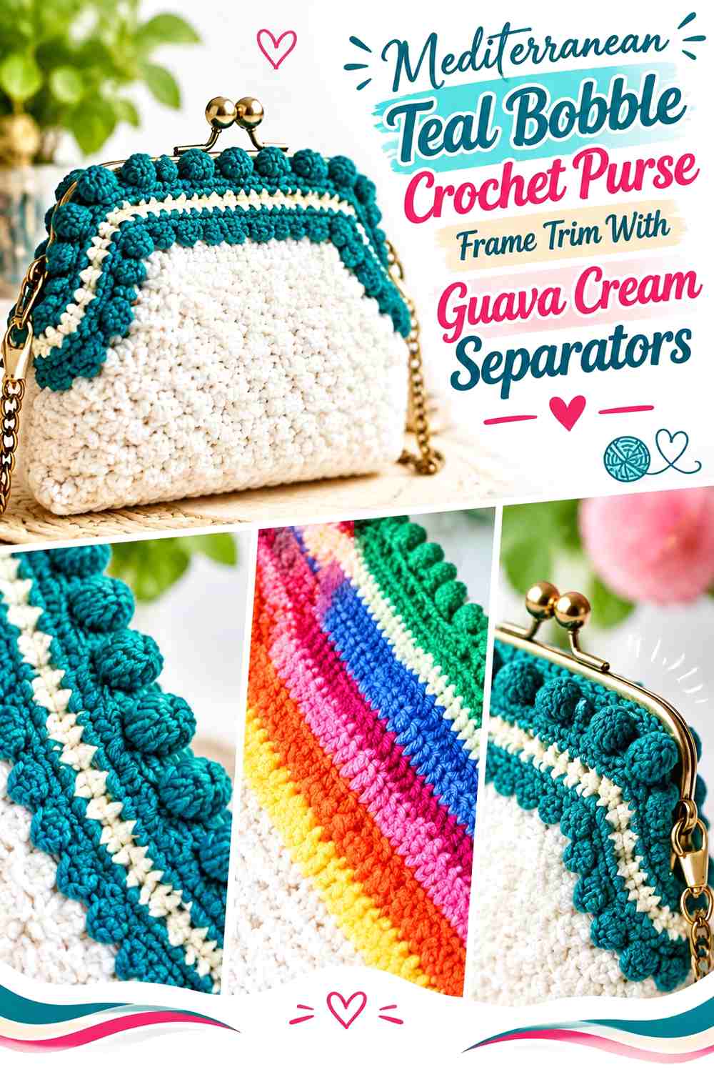 Mediterranean Teal Bobble Crochet Purse Frame Trim With Guava Cream Separators