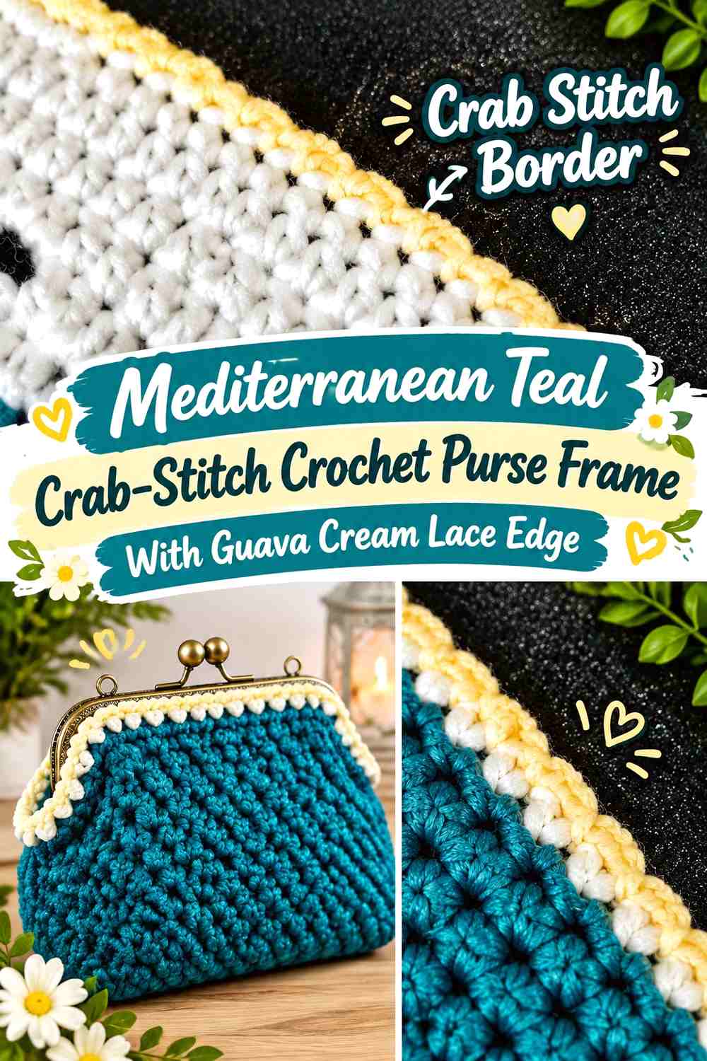 Mediterranean Teal Crab-Stitch Crochet Purse Frame With Guava Cream Lace Edge