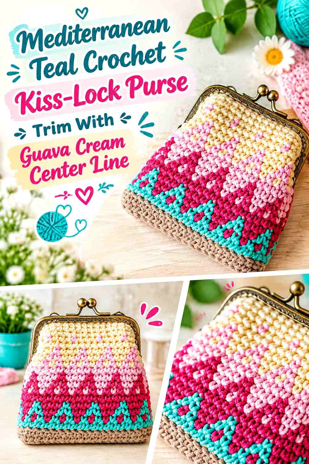 Mediterranean Teal Crochet Kiss-Lock Purse Trim With Guava Cream Center Line