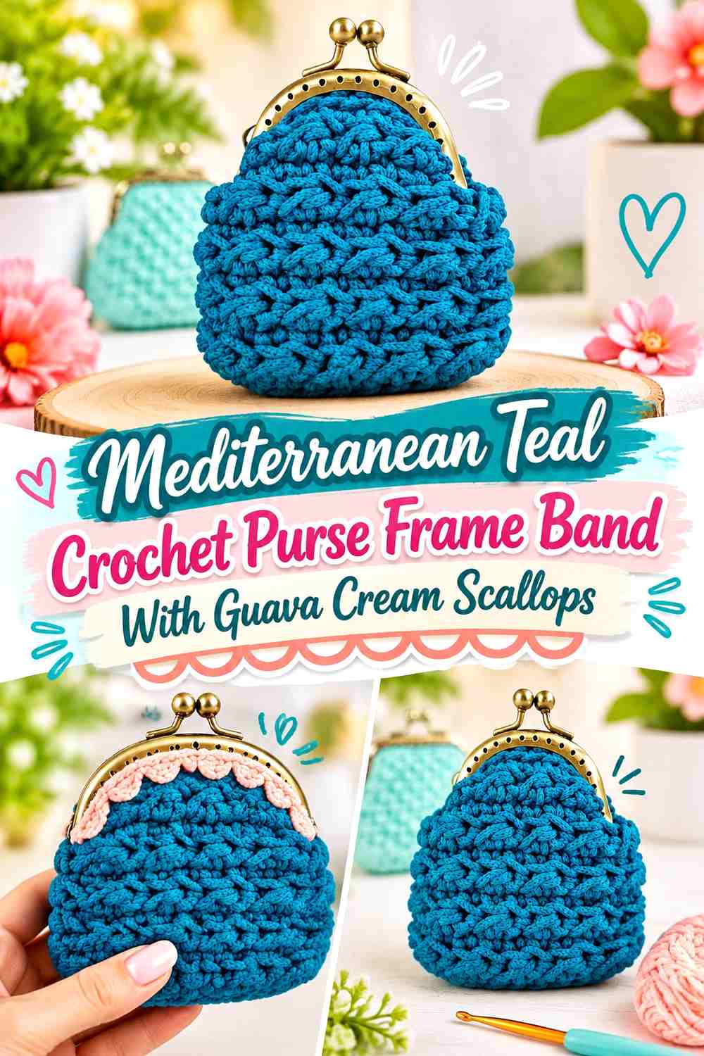 Mediterranean Teal Crochet Purse Frame Band With Guava Cream Scallops