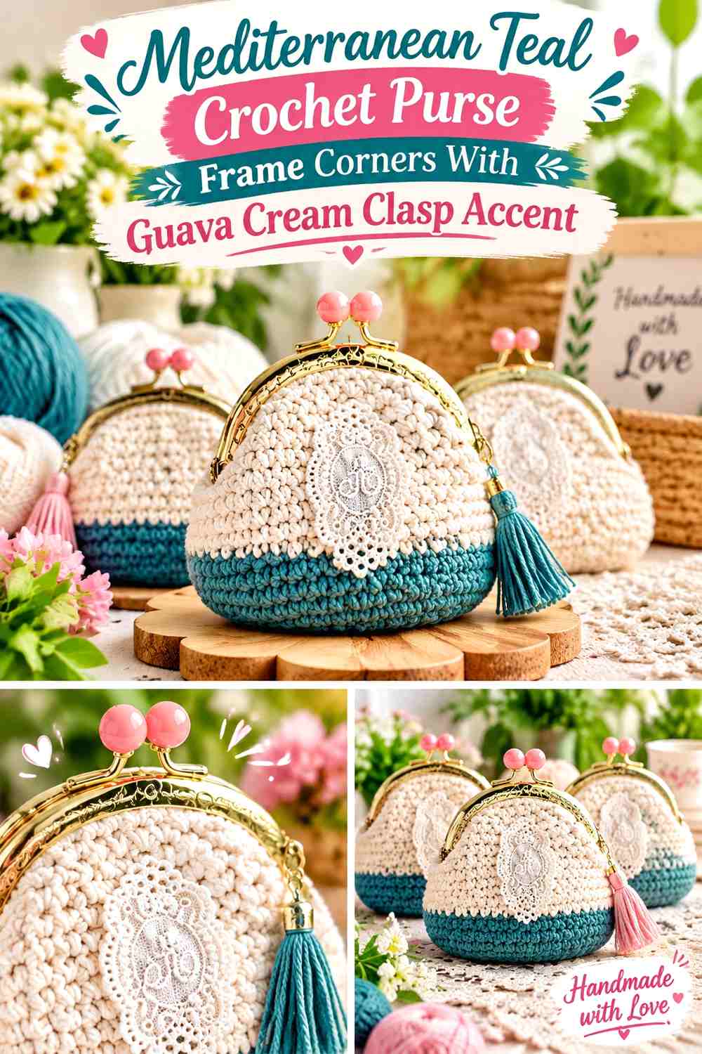 Mediterranean Teal Crochet Purse Frame Corners With Guava Cream Clasp Accent