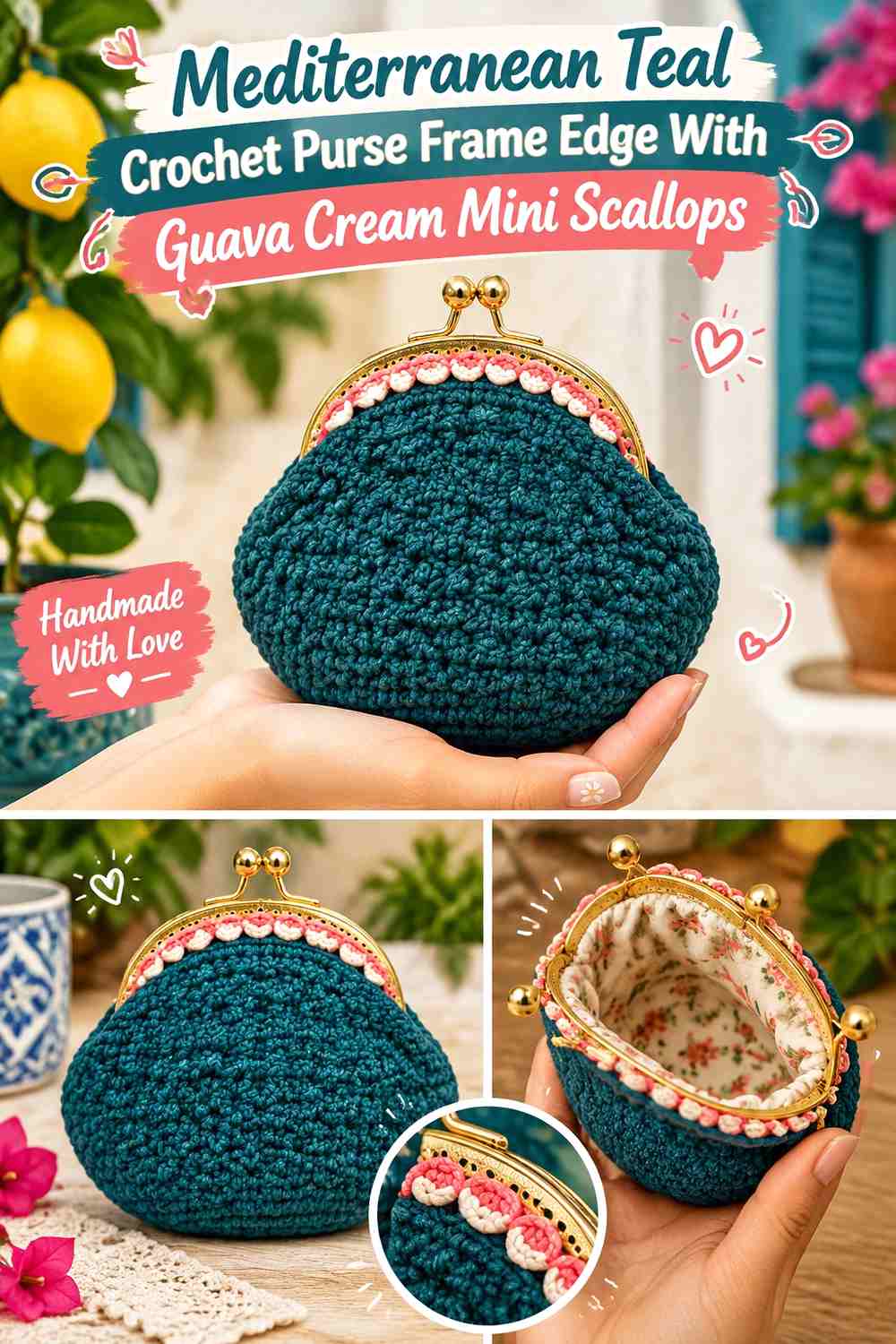 Mediterranean Teal Crochet Purse Frame Edge With Guava Cream Mini Scallops