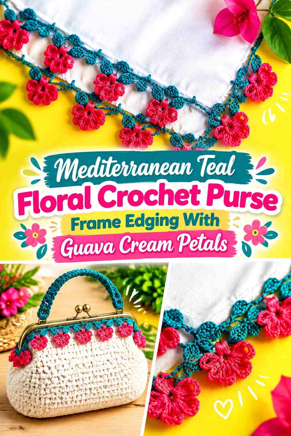 Mediterranean Teal Floral Crochet Purse Frame Edging With Guava Cream Petals