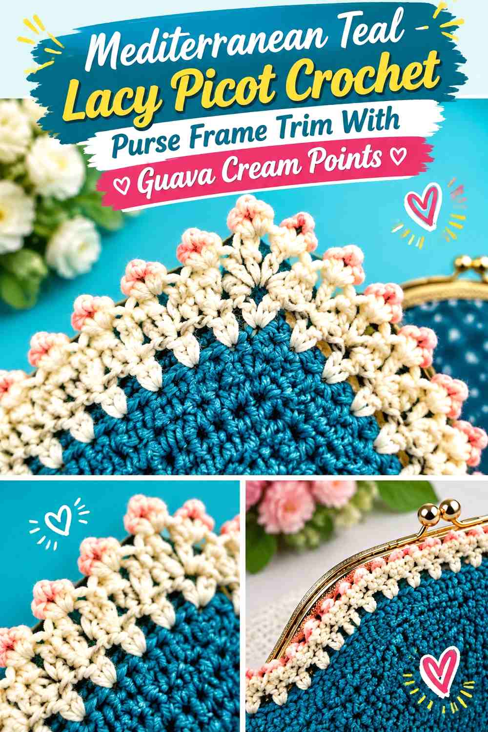 Mediterranean Teal Lacy Picot Crochet Purse Frame Trim With Guava Cream Points