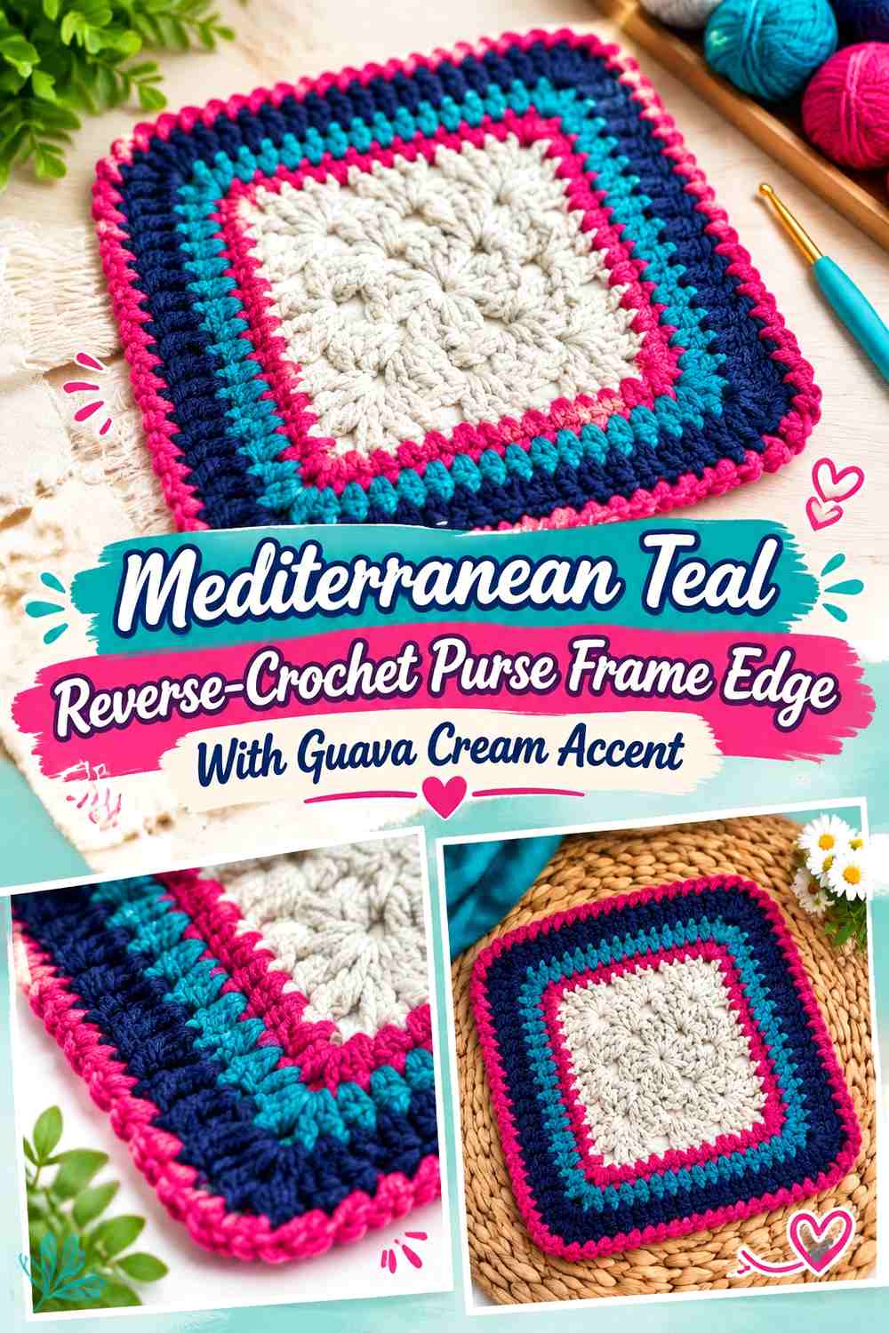 Mediterranean Teal Reverse-Crochet Purse Frame Edge With Guava Cream Accent