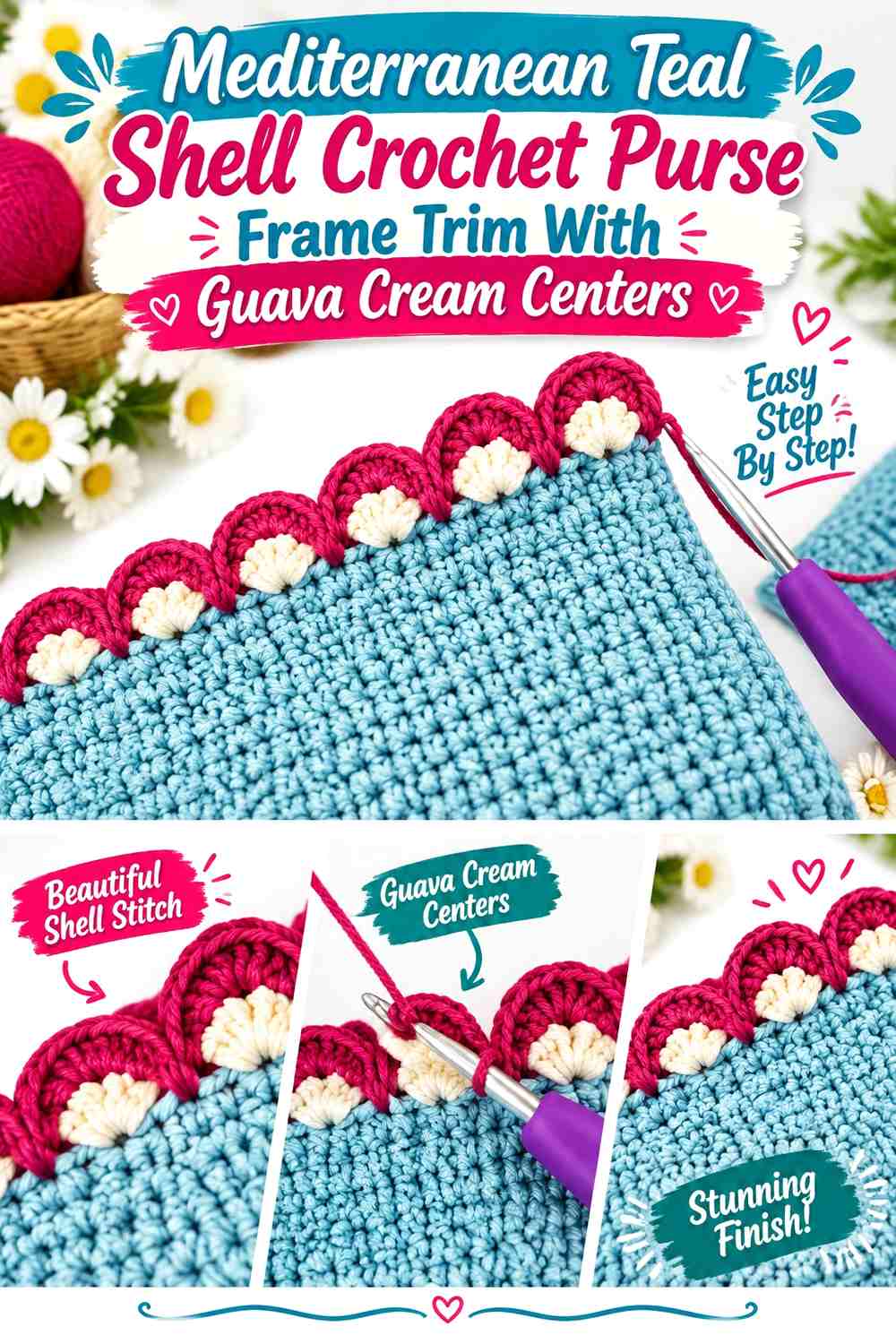 Mediterranean Teal Shell Crochet Purse Frame Trim With Guava Cream Centers