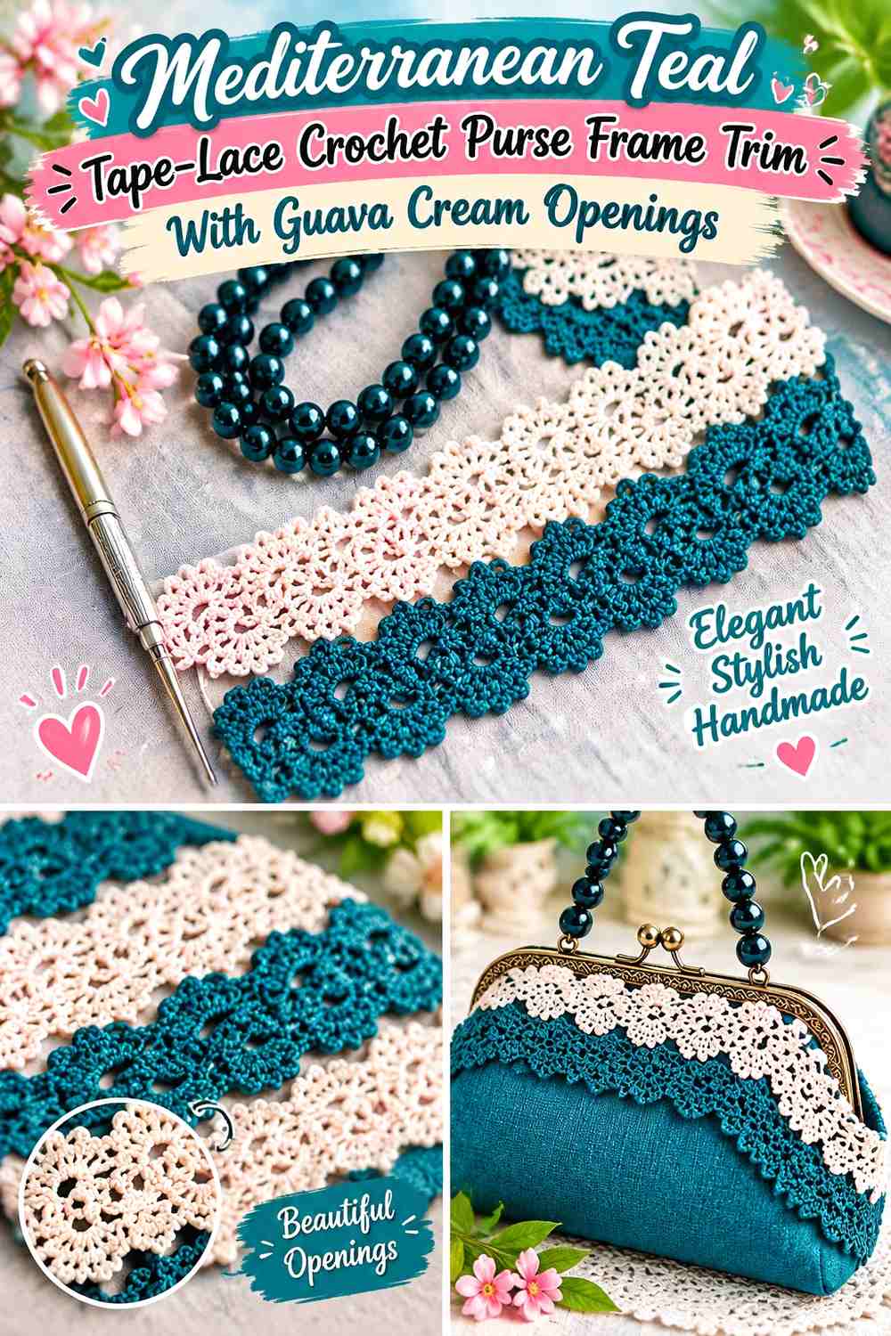 Mediterranean Teal Tape-Lace Crochet Purse Frame Trim With Guava Cream Openings