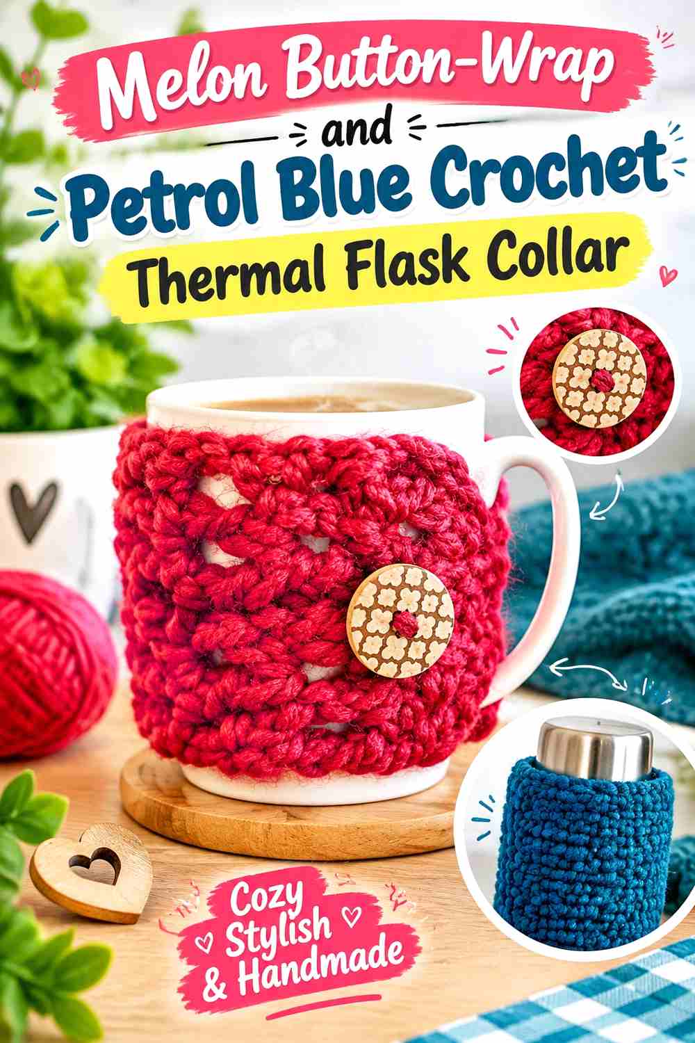 2. Melon Button Wrap And Petrol Blue Crochet Thermal Flask Collar