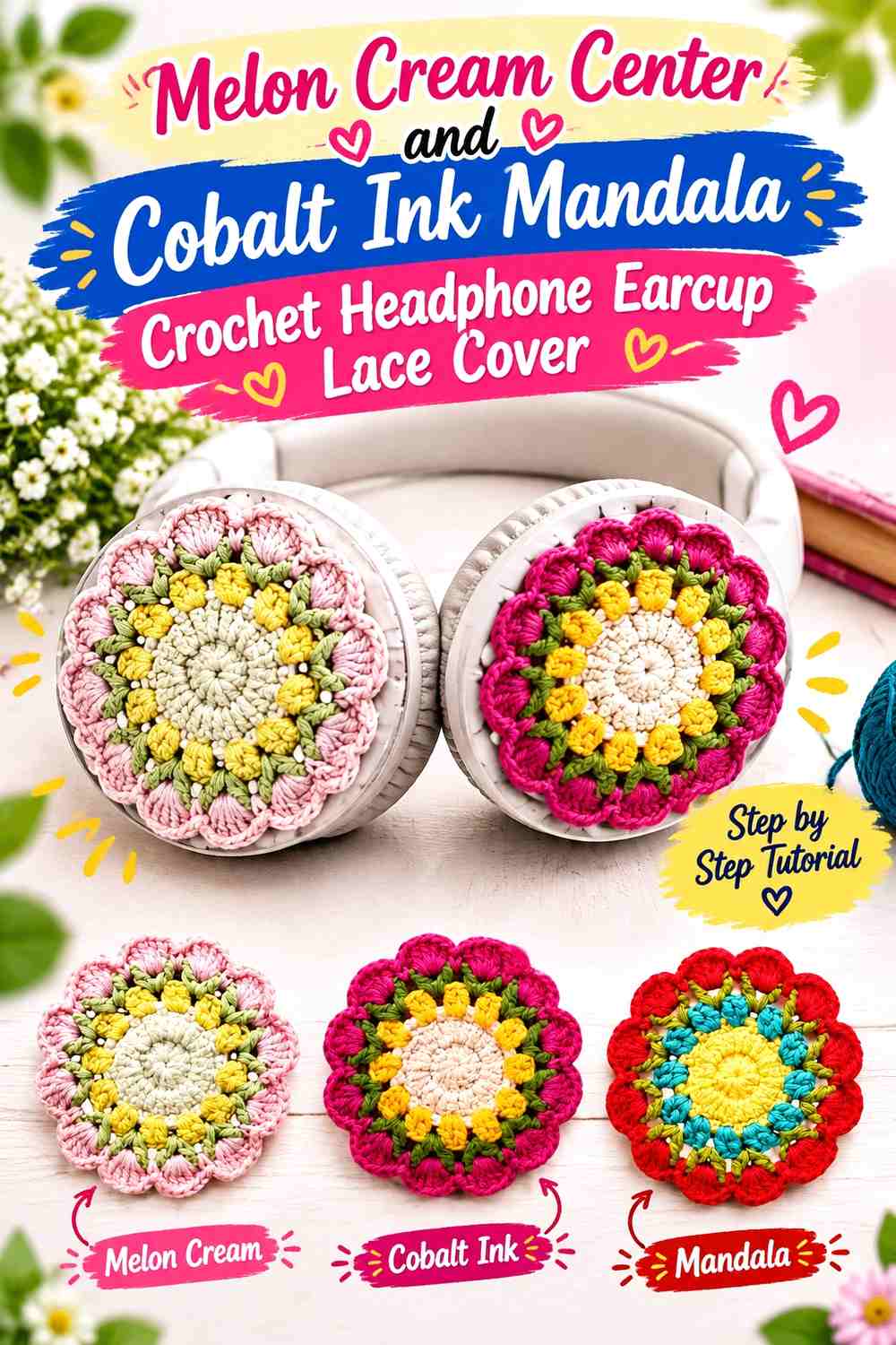 Melon Cream Center and Cobalt Ink Mandala Crochet Headphone Earcup Lace Cover