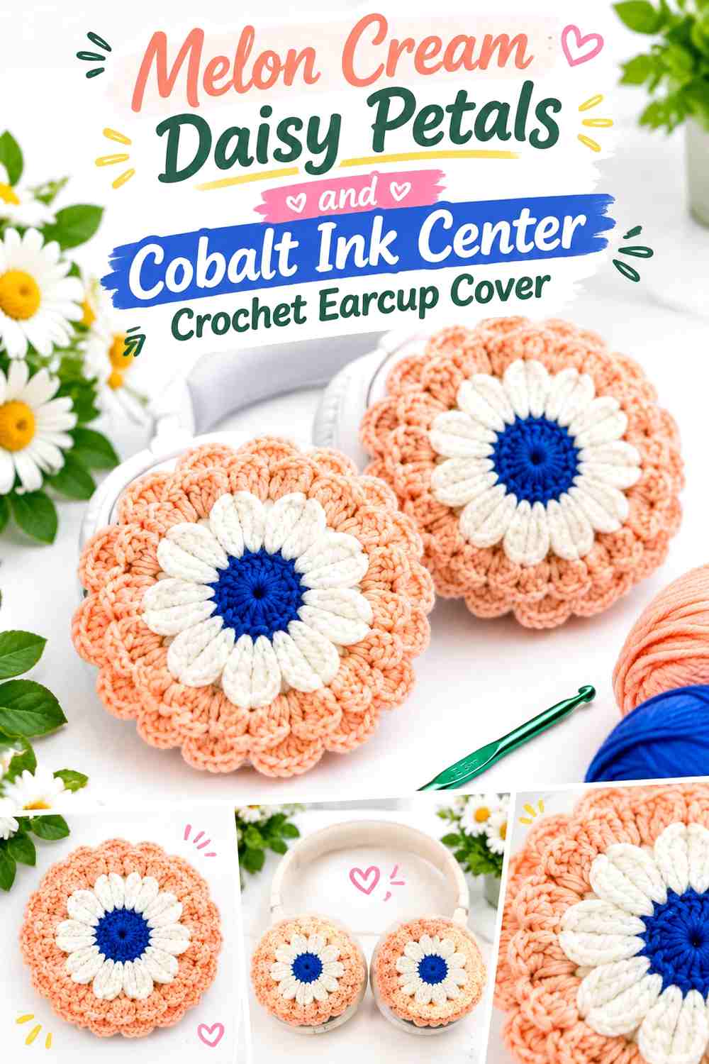 Melon Cream Daisy Petals and Cobalt Ink Center Crochet Earcup Cover