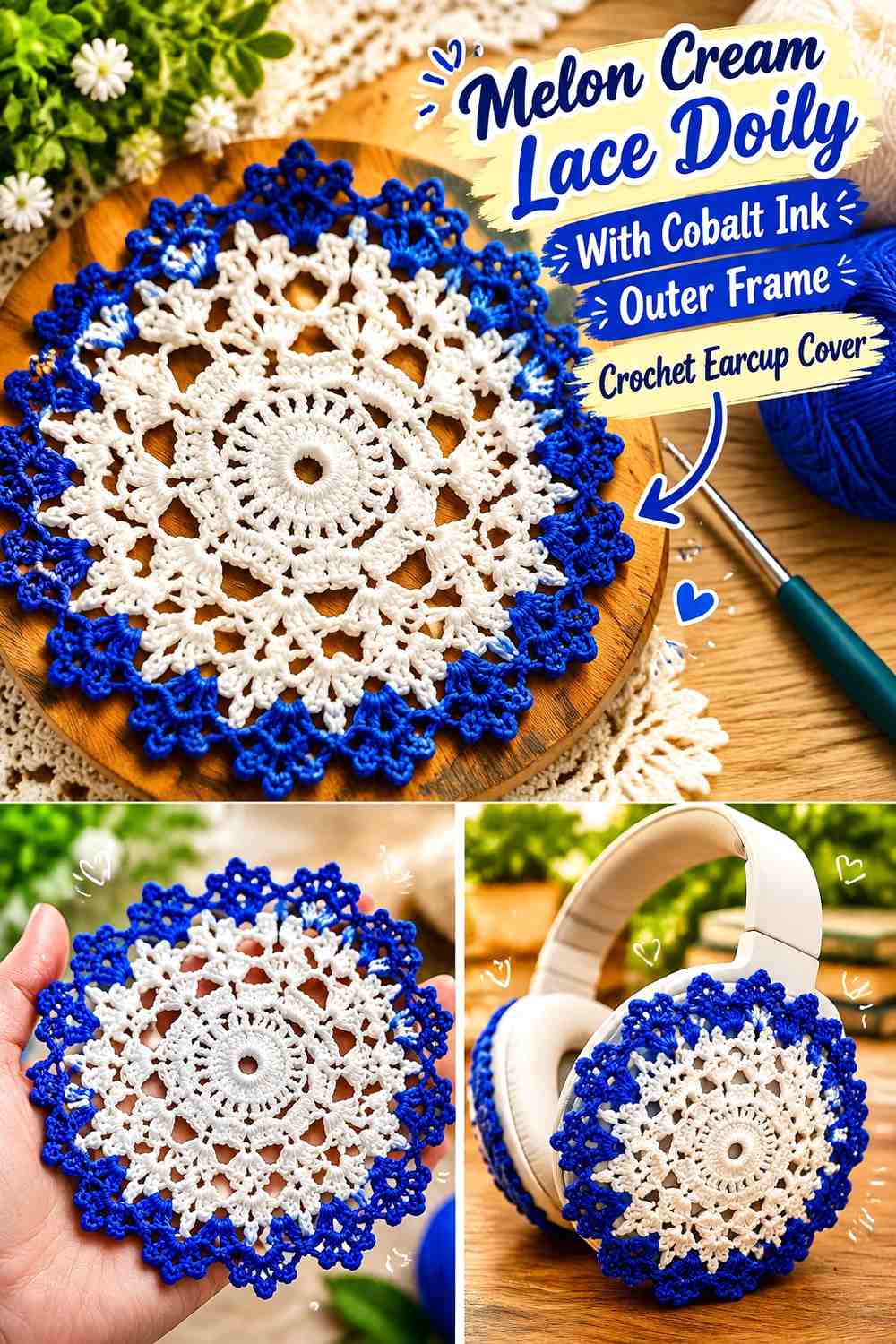Melon Cream Lace Doily With Cobalt Ink Outer Frame Crochet Earcup Cover