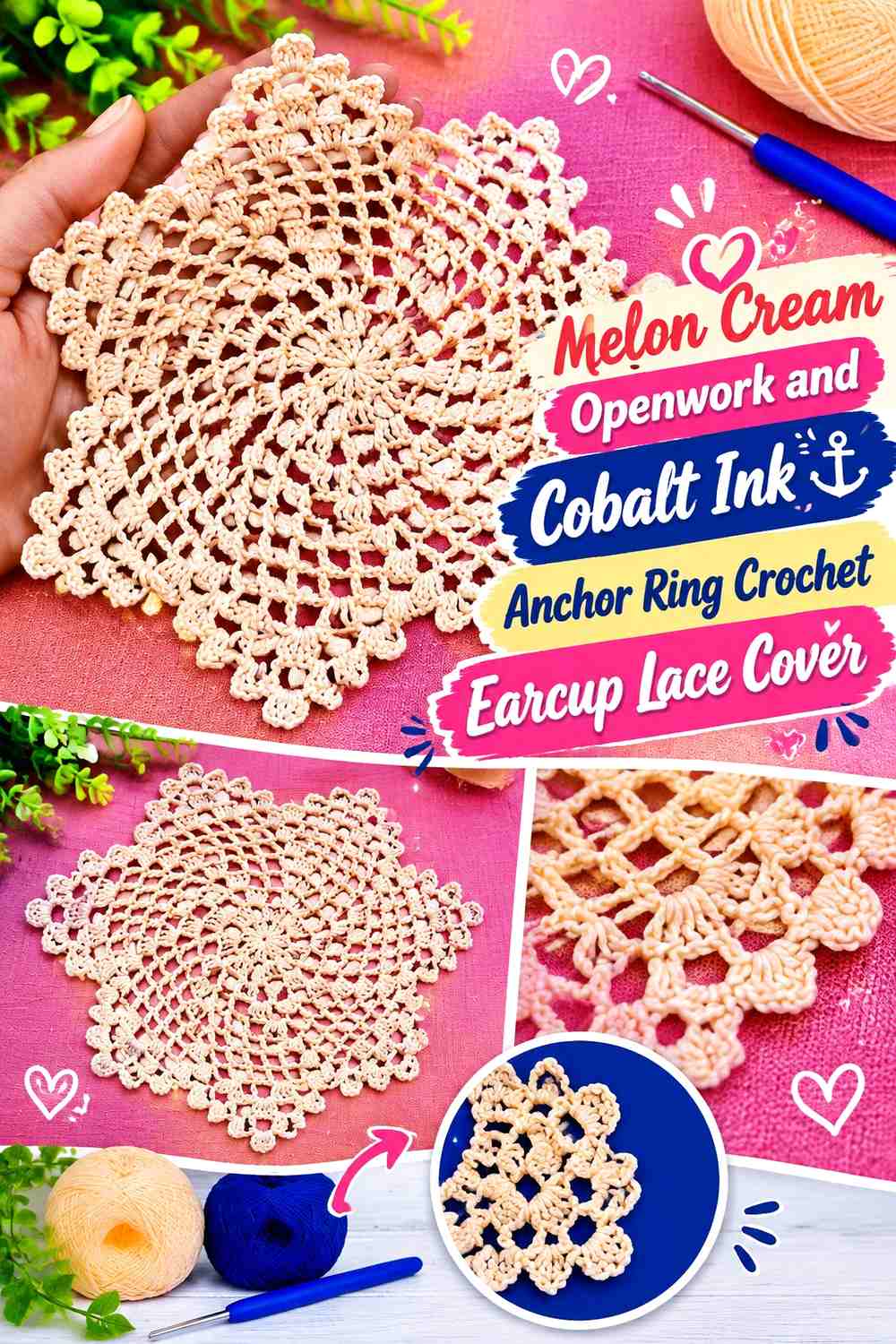 Melon Cream Openwork and Cobalt Ink Anchor Ring Crochet Earcup Lace Cover
