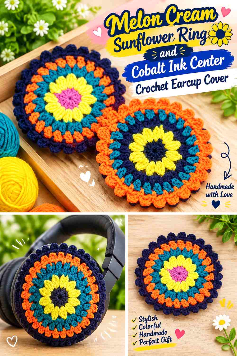 Melon Cream Sunflower Ring and Cobalt Ink Center Crochet Earcup Cover