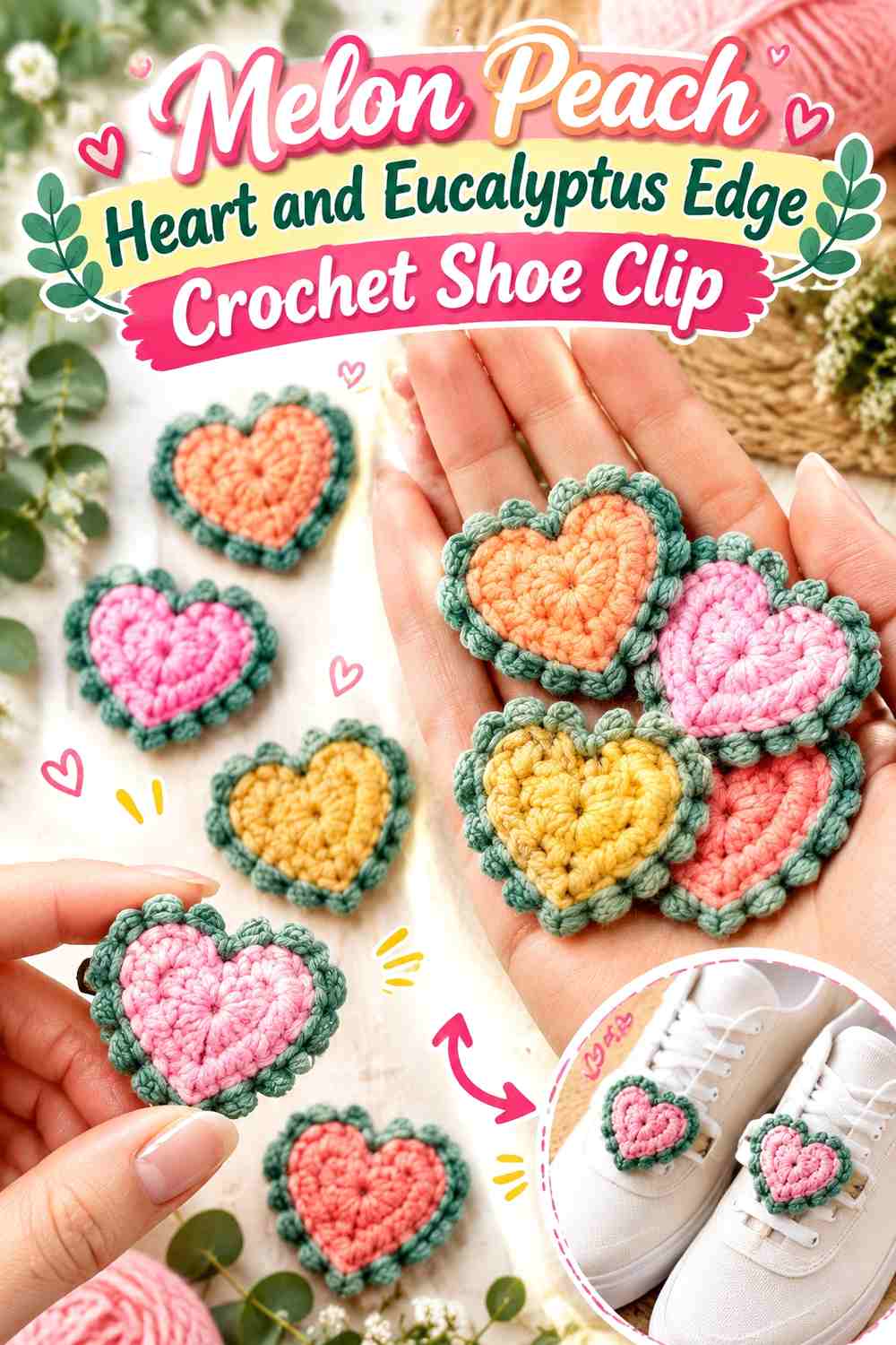 11. Melon Peach Heart And Eucalyptus Edge Crochet Shoe Clip