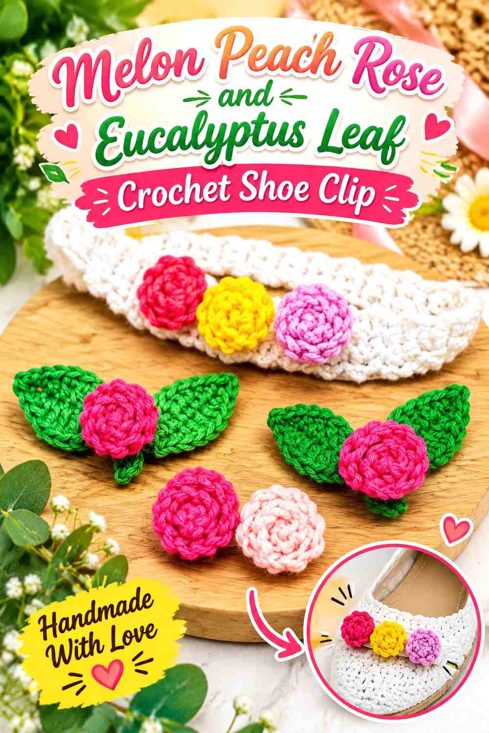 1. Melon Peach Rose And Eucalyptus Leaf Crochet Shoe Clip