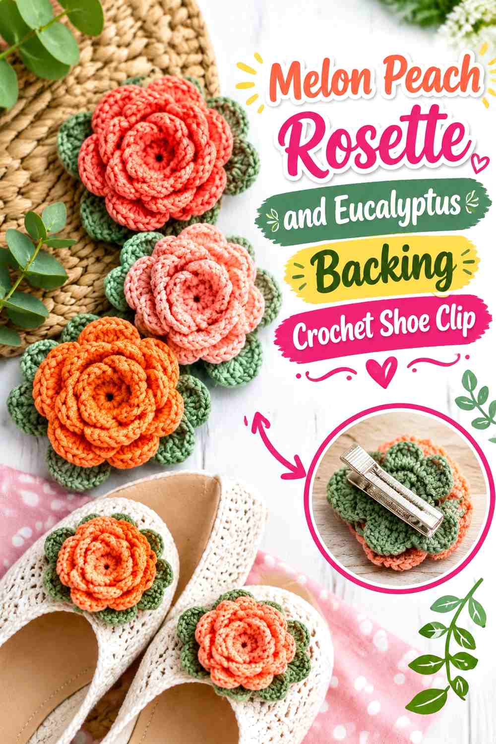 10. Melon Peach Rosette And Eucalyptus Backing Crochet Shoe Clip