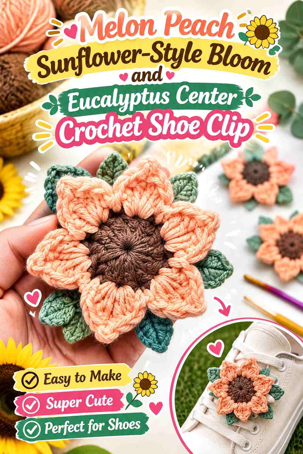 7. Melon Peach Sunflower Style Bloom And Eucalyptus Center Crochet Shoe Clip