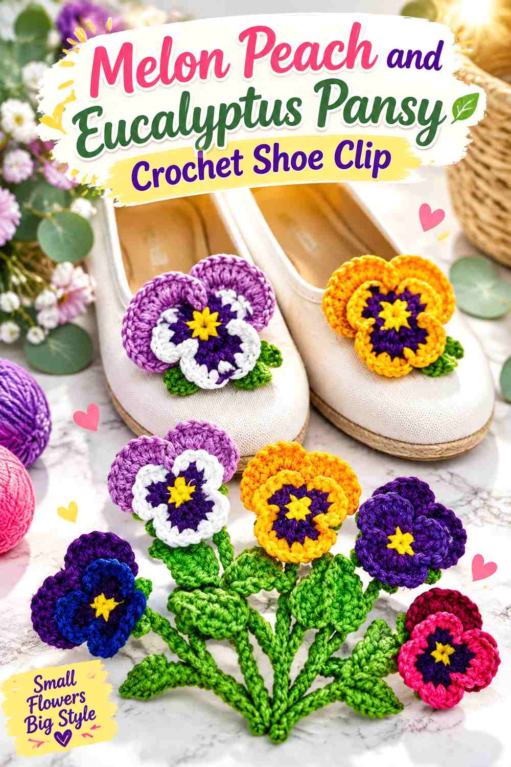 9. Melon Peach And Eucalyptus Pansy Crochet Shoe Clip