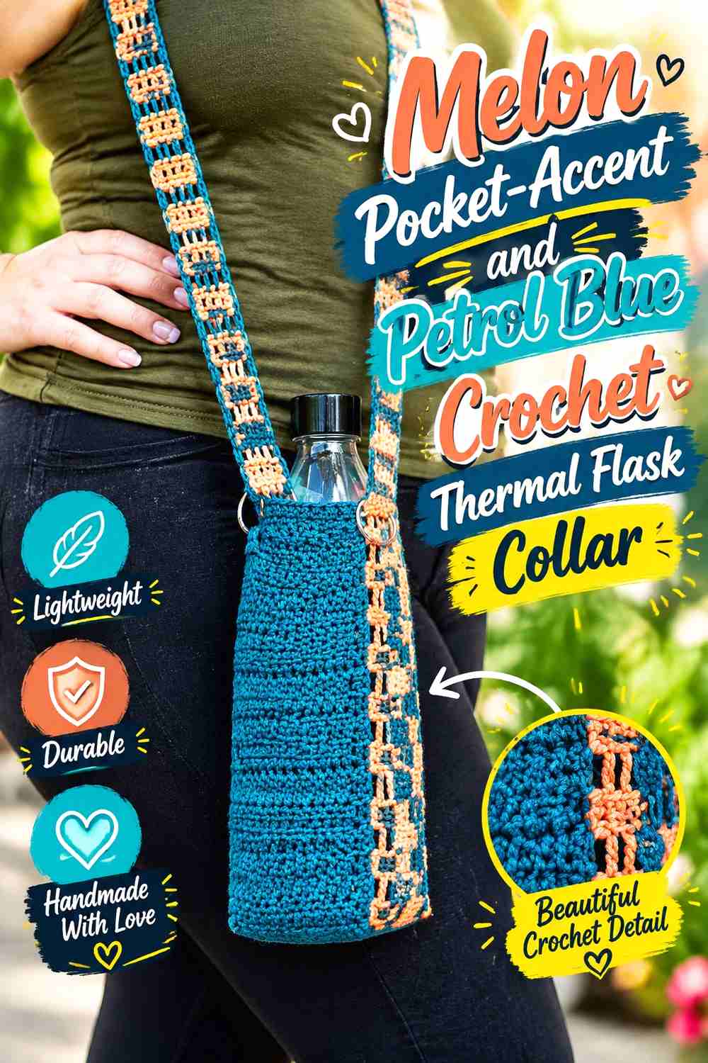 12. Melon Pocket Accent And Petrol Blue Crochet Thermal Flask Collar