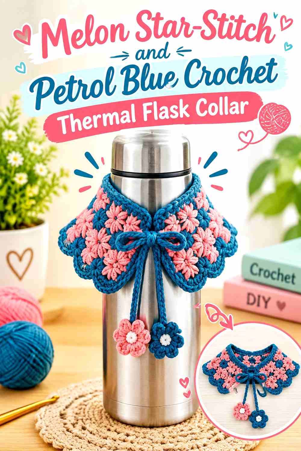 10. Melon Star Stitch And Petrol Blue Crochet Thermal Flask Collar