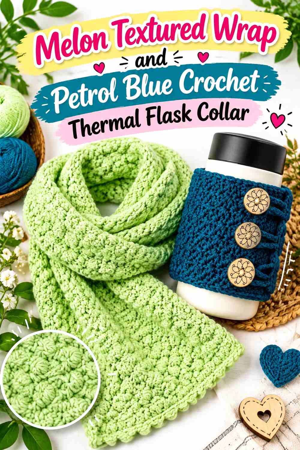 4. Melon Textured Wrap And Petrol Blue Crochet Thermal Flask Collar