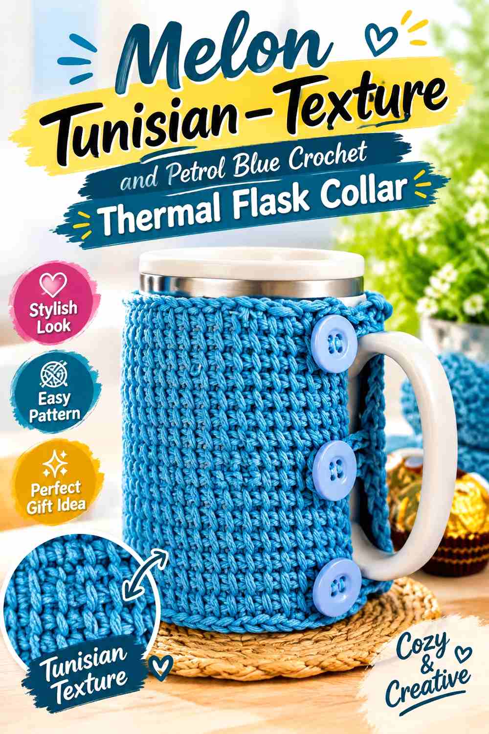 6. Melon Tunisian Texture And Petrol Blue Crochet Thermal Flask Collar