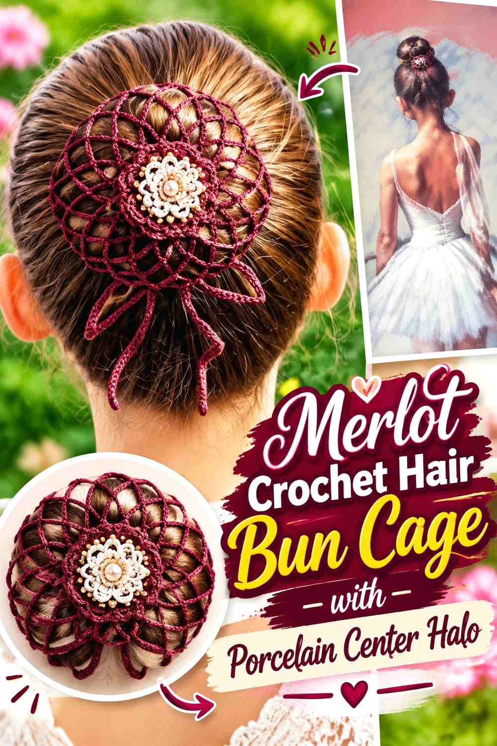 Merlot Crochet Hair Bun Cage with Porcelain Center Halo