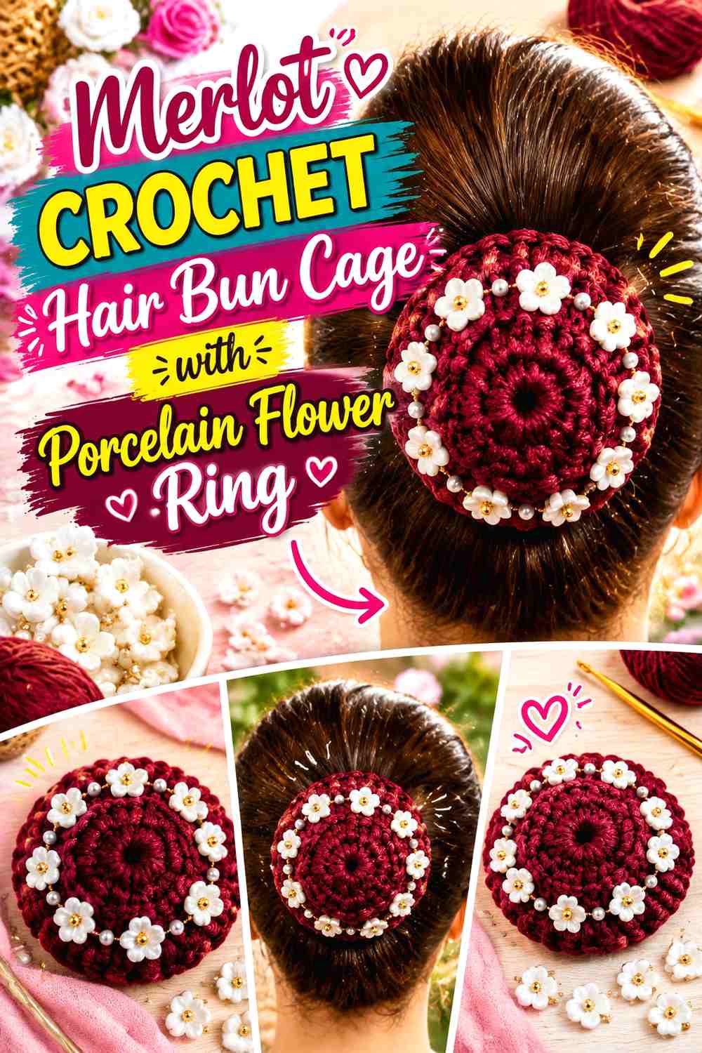 Merlot Crochet Hair Bun Cage with Porcelain Flower Ring