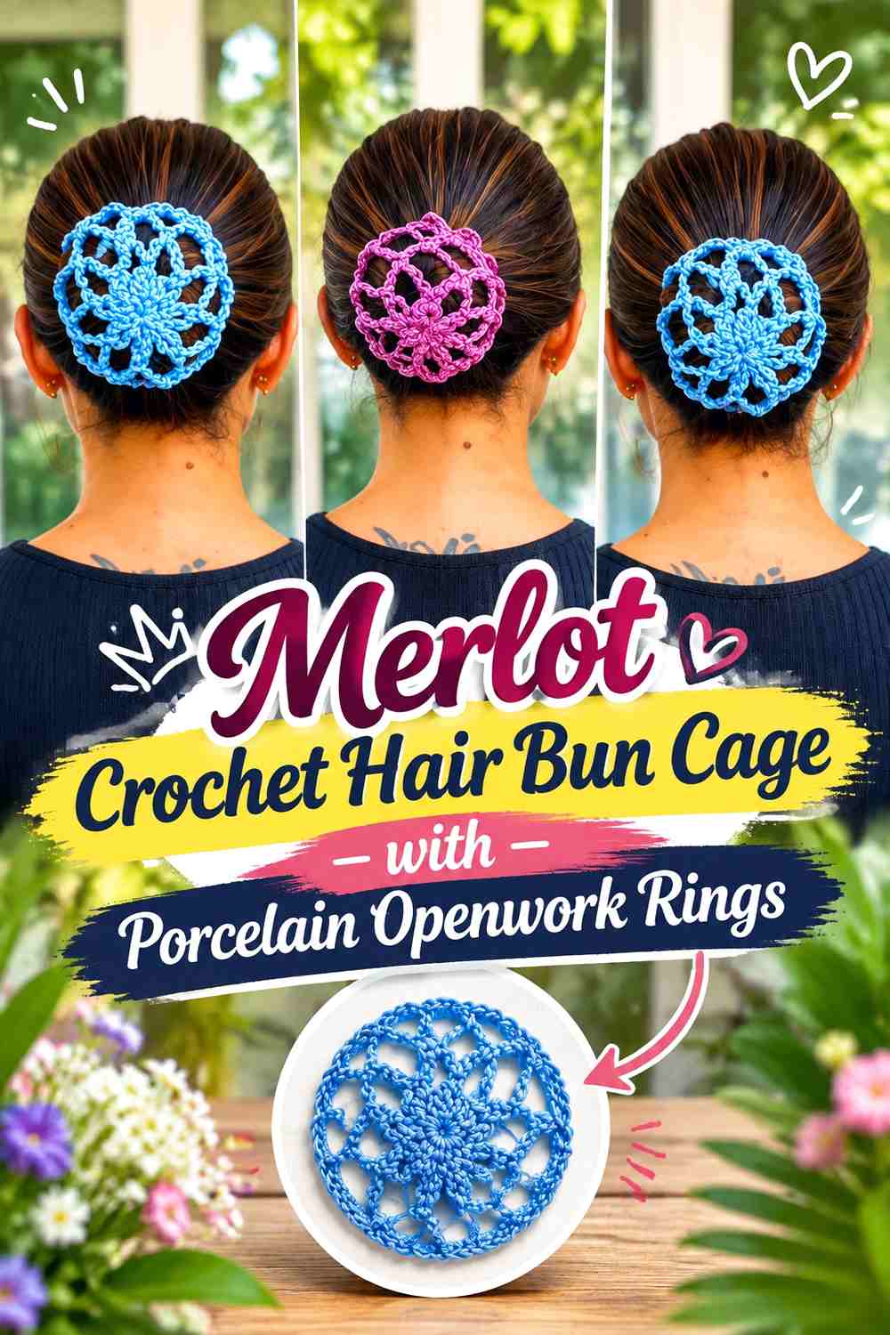 Merlot Crochet Hair Bun Cage with Porcelain Openwork Rings