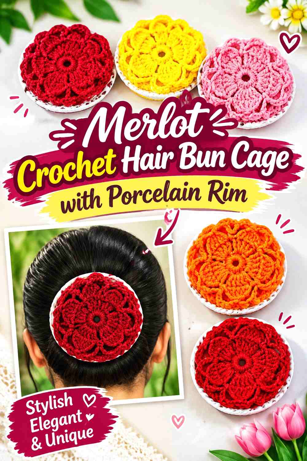 Merlot Crochet Hair Bun Cage with Porcelain Rim