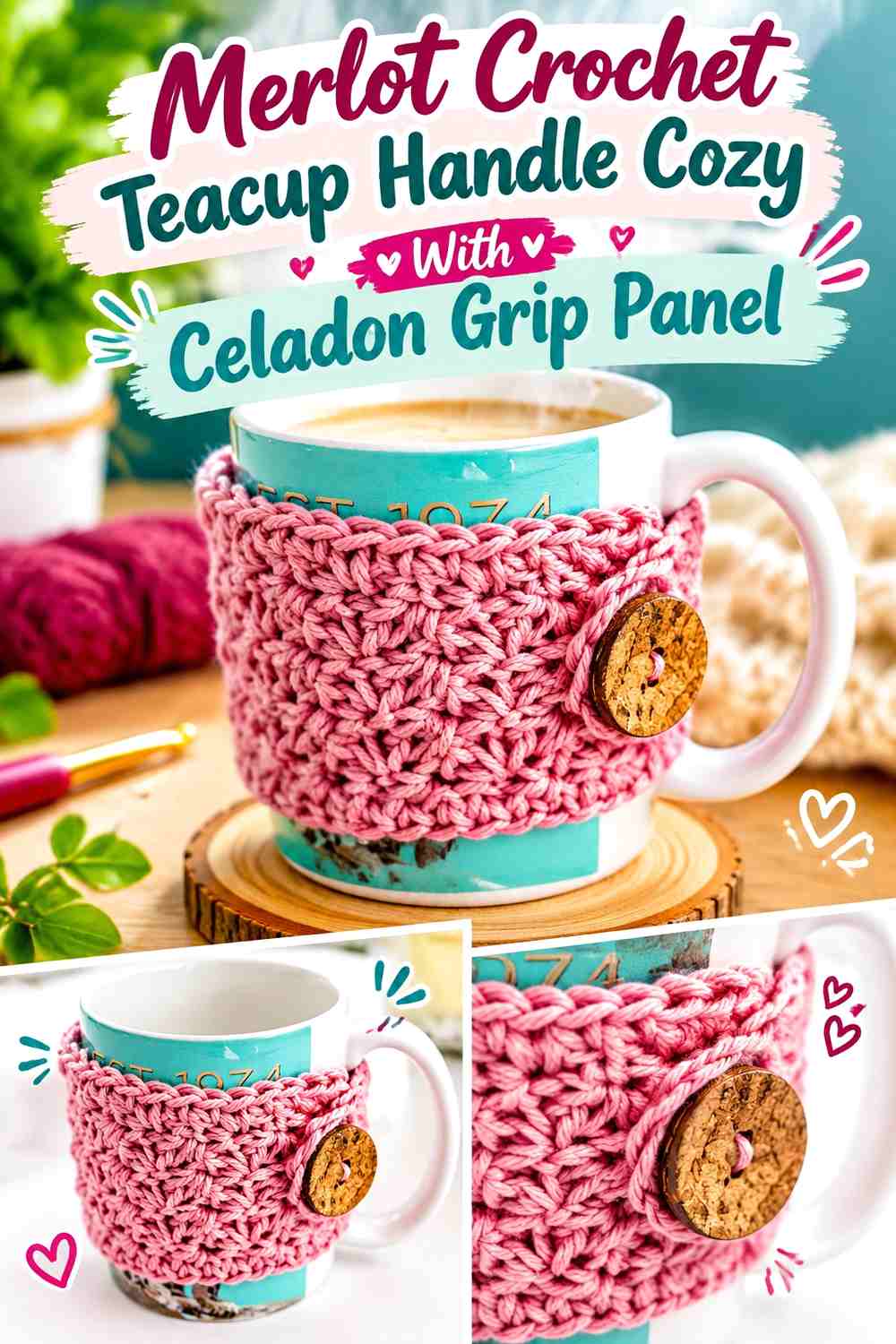 2. Merlot Crochet Teacup Handle Cozy With Celadon Grip Panel