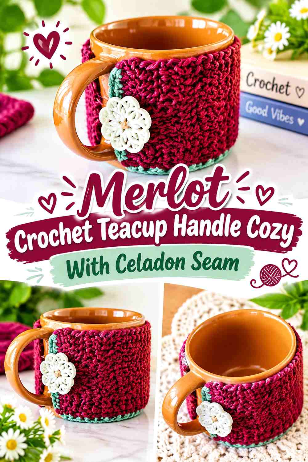 13. Merlot Crochet Teacup Handle Cozy With Celadon Seam