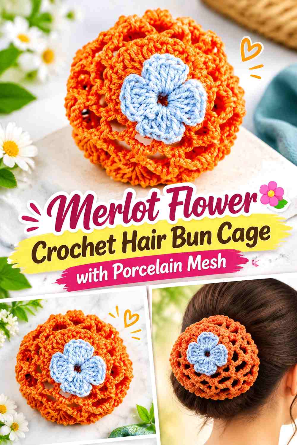 Merlot Flower Crochet Hair Bun Cage with Porcelain Mesh
