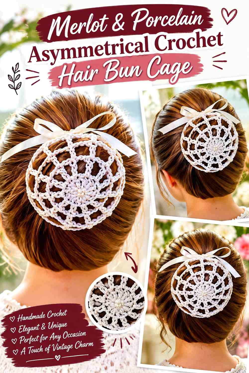 Merlot & Porcelain Asymmetrical Crochet Hair Bun Cage