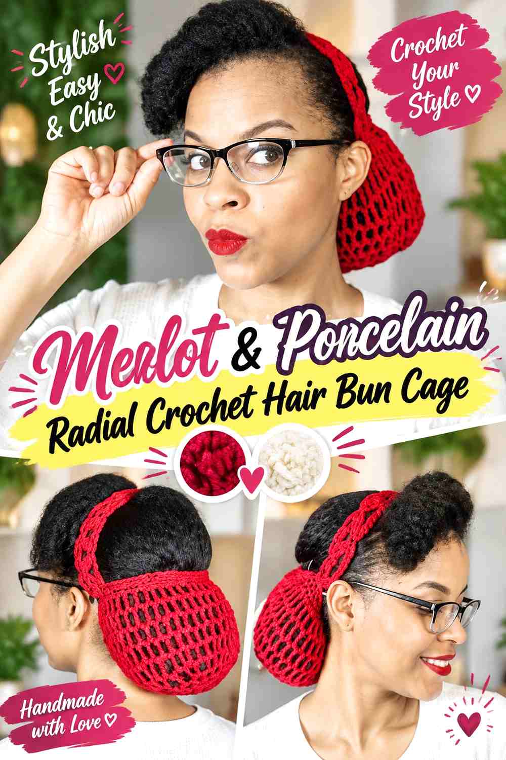 Merlot & Porcelain Radial Crochet Hair Bun Cage