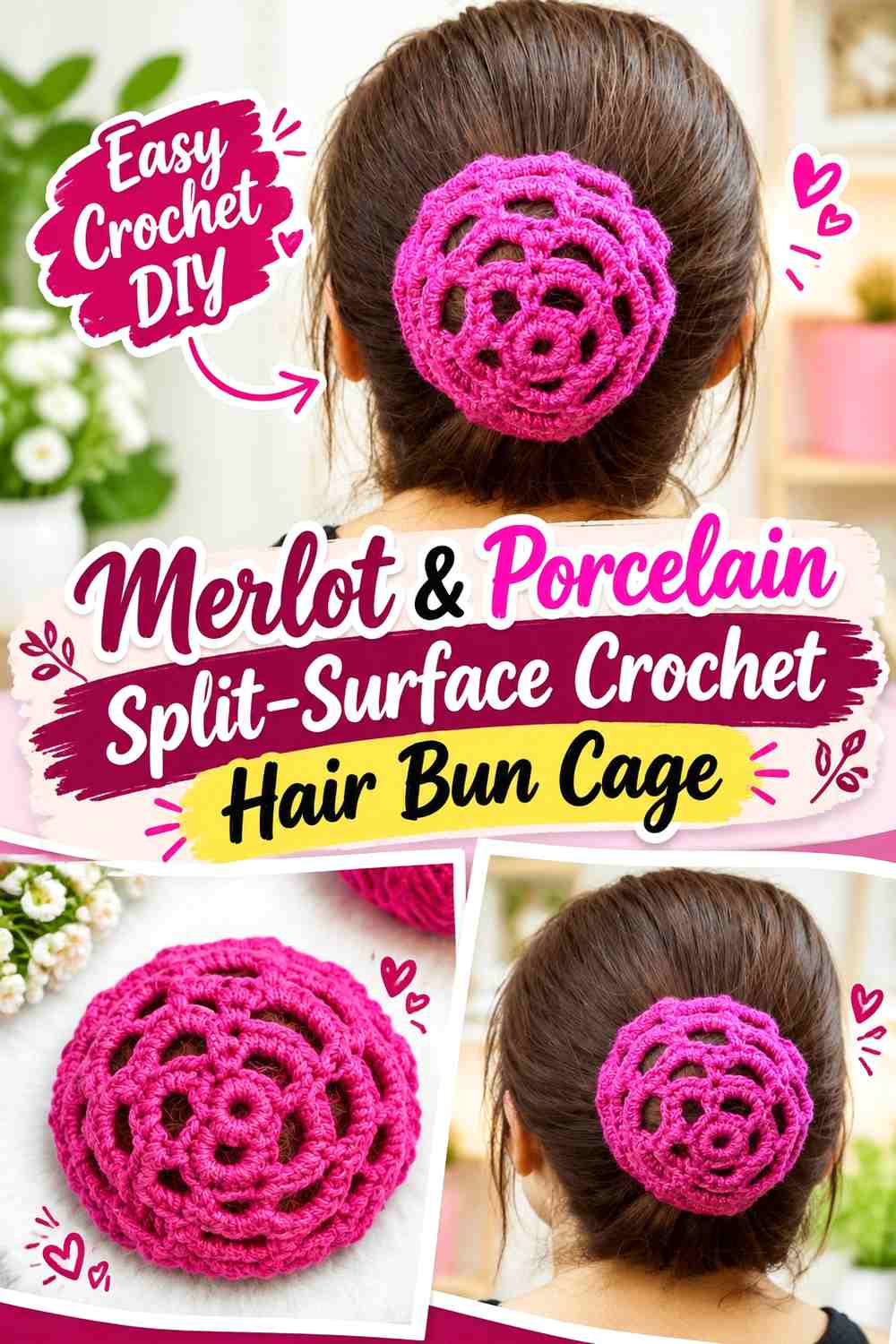 Merlot & Porcelain Split Surface Crochet Hair Bun Cage