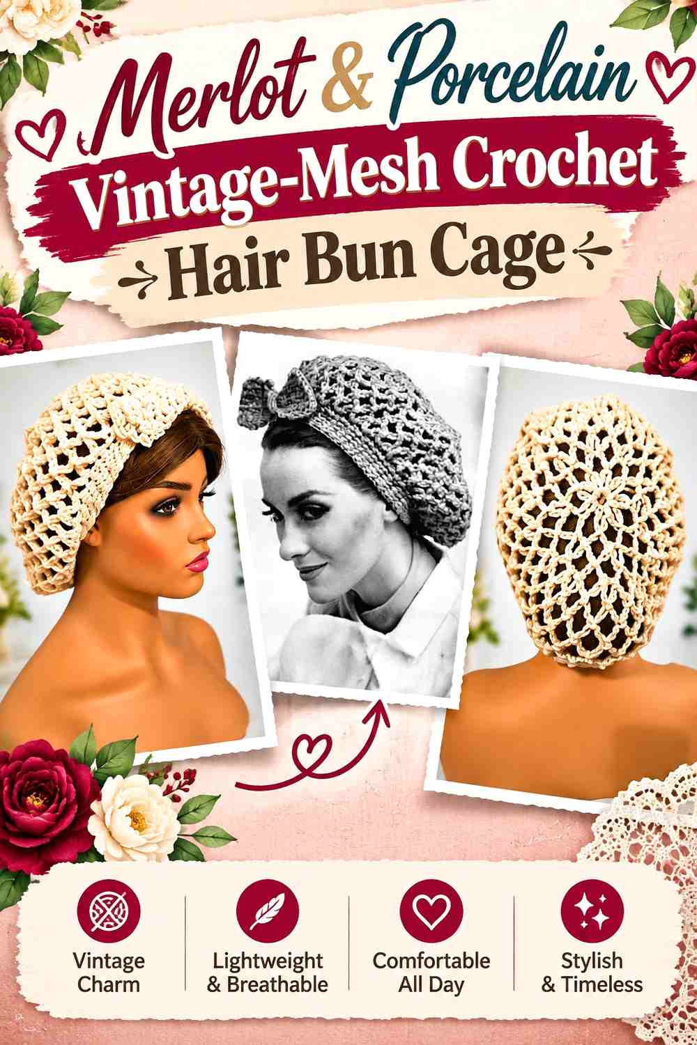 Merlot & Porcelain Vintage Mesh Crochet Hair Bun Cage