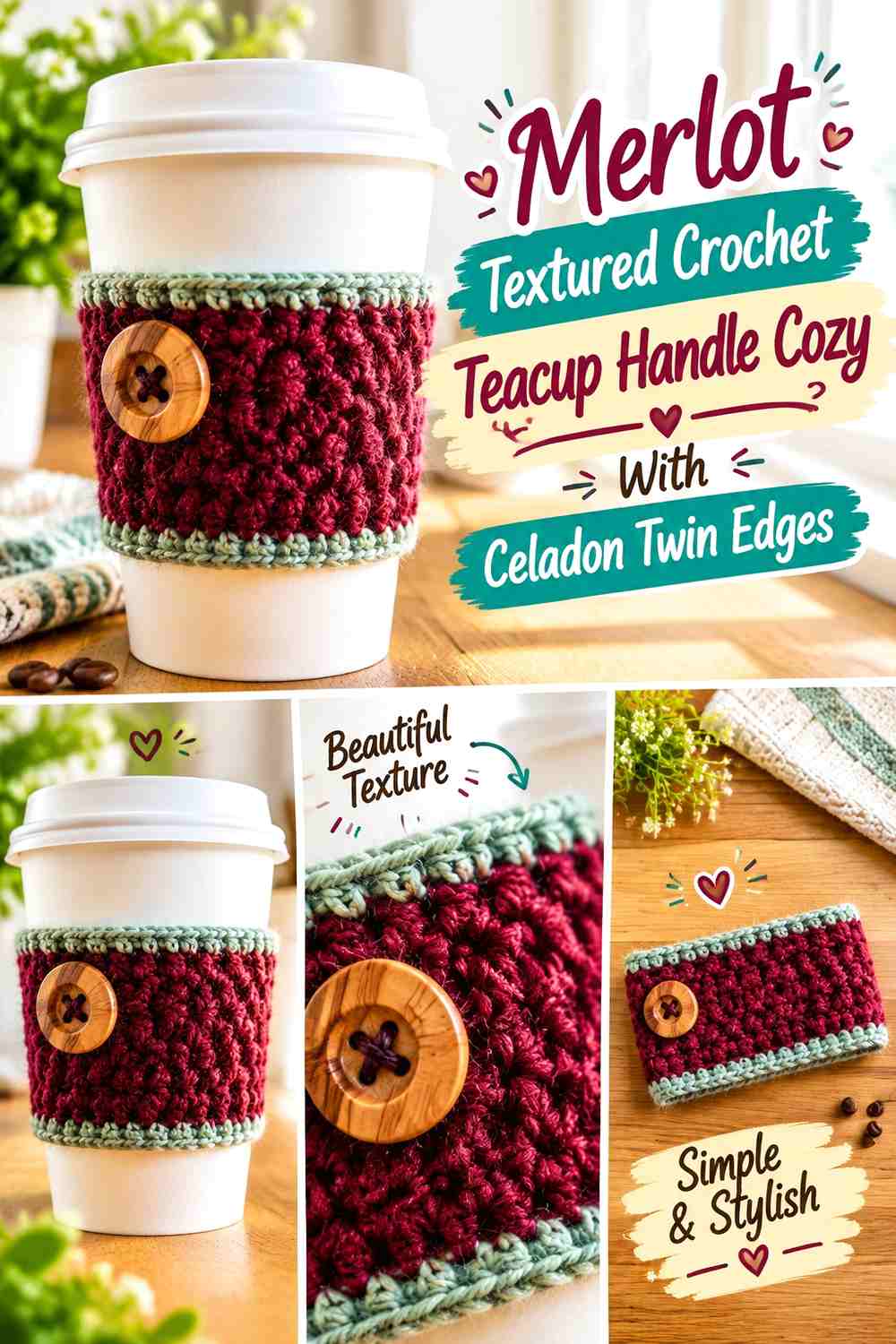 4. Merlot Textured Crochet Teacup Handle Cozy With Celadon Twin Edges
