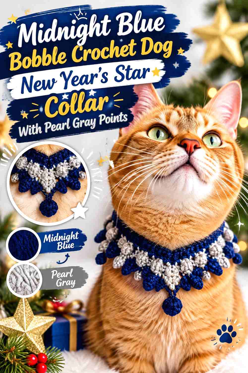 Midnight Blue Bobble Crochet Dog New Year's Star Collar With Pearl Gray Points