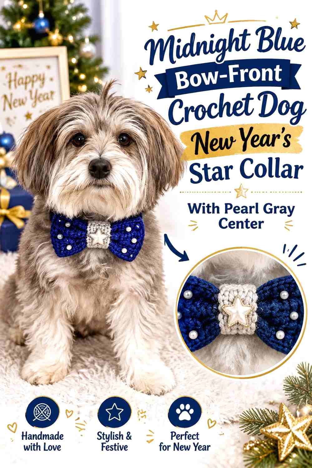 Midnight Blue Bow-Front Crochet Dog New Year's Star Collar With Pearl Gray Center