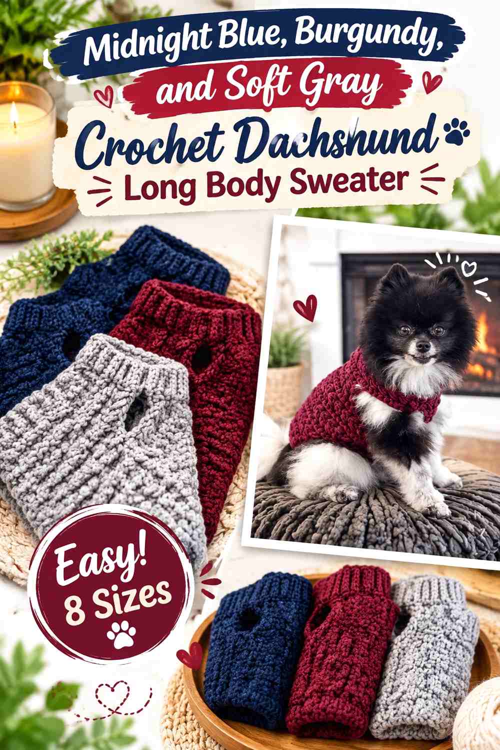 Midnight Blue, Burgundy, and Soft Gray Crochet Dachshund Long Body Sweater