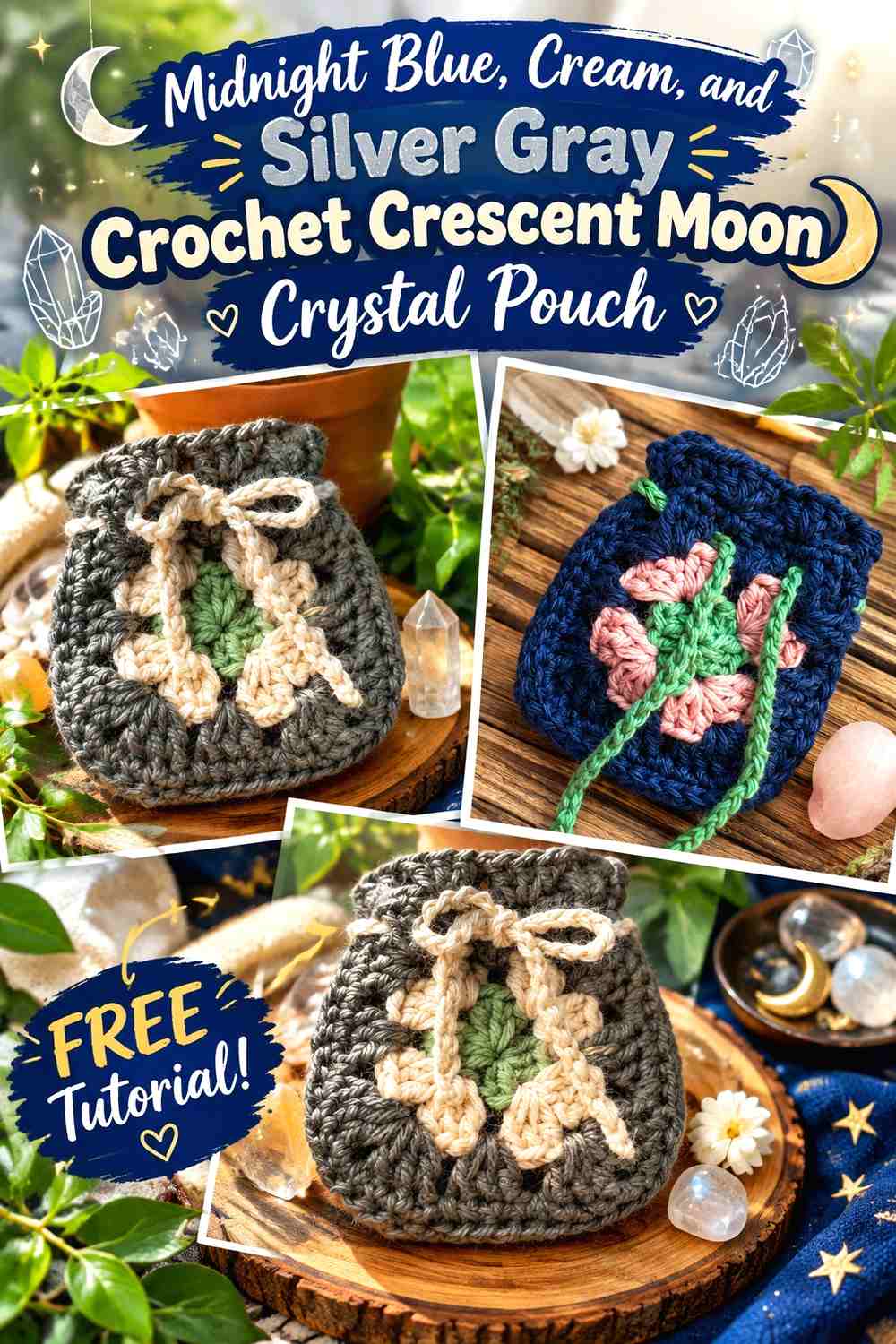Midnight Blue, Cream, and Silver Gray Crochet Crescent Moon Crystal Pouch