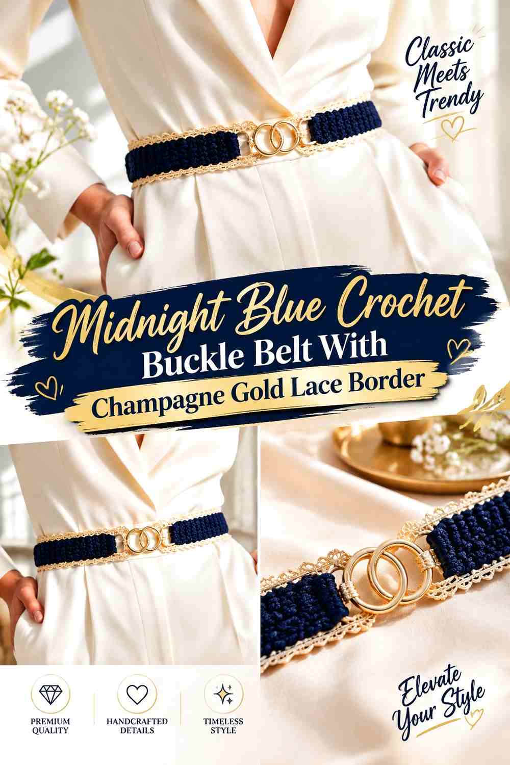 Midnight Blue Crochet Buckle Belt With Champagne Gold Lace Border
